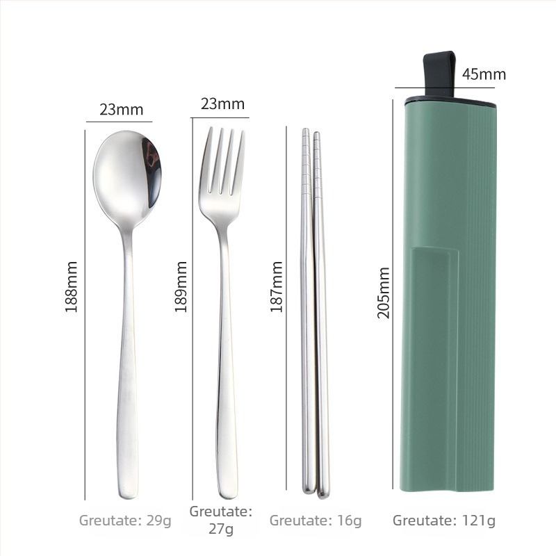 Set portabil de tacâmuri din oțel inoxidabil 304 cu cutie glisantă — lingură, furculiță și bețișoare, finisaj oglindă