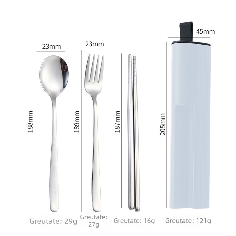 Set portabil de tacâmuri din oțel inoxidabil 304 cu cutie glisantă — lingură, furculiță și bețișoare, finisaj oglindă