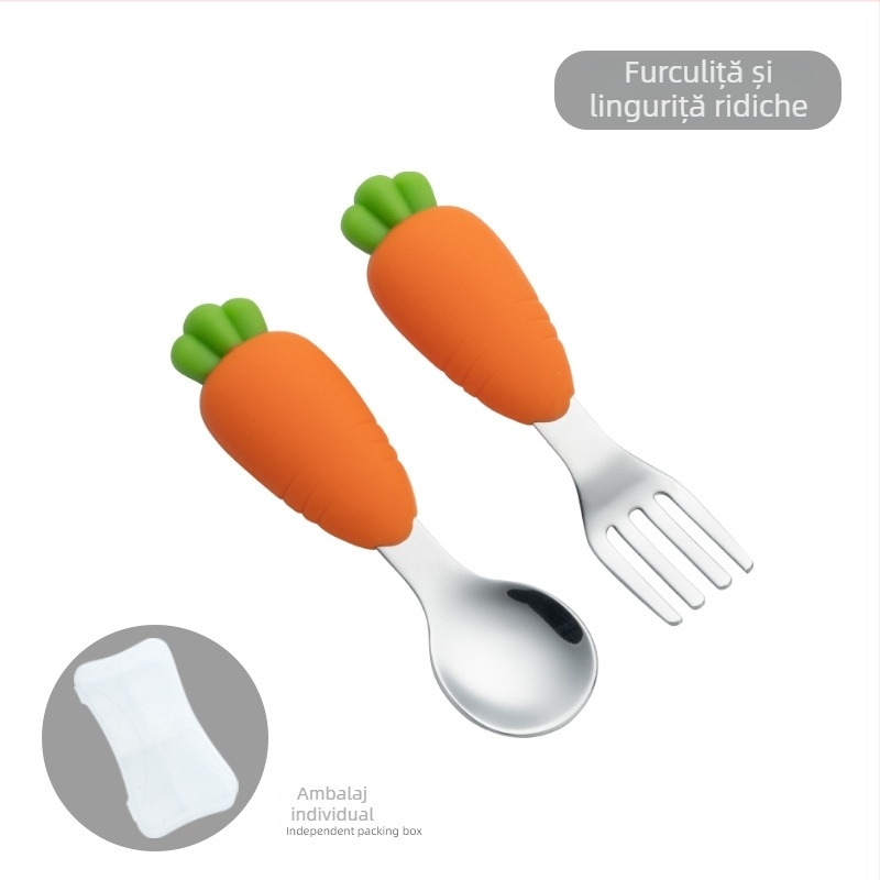 Set tacâmuri pentru copii din oțel inoxidabil 304 cu farfurie din silicon în formă de morcov, trei piese, pentru bebeluși de la 6 luni