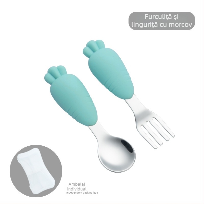 Set tacâmuri pentru copii din oțel inoxidabil 304 cu farfurie din silicon în formă de morcov, trei piese, pentru bebeluși de la 6 luni