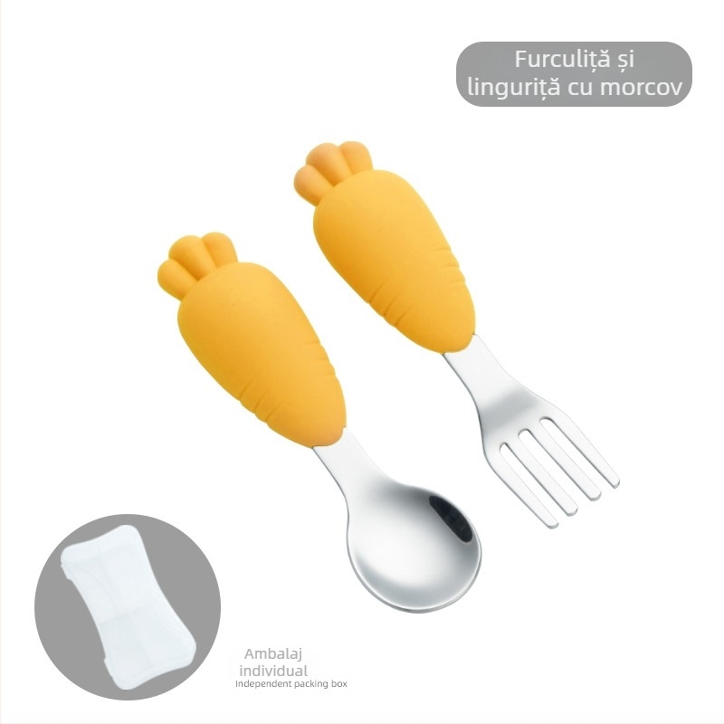 Set tacâmuri pentru copii din oțel inoxidabil 304 cu farfurie din silicon în formă de morcov, trei piese, pentru bebeluși de la 6 luni