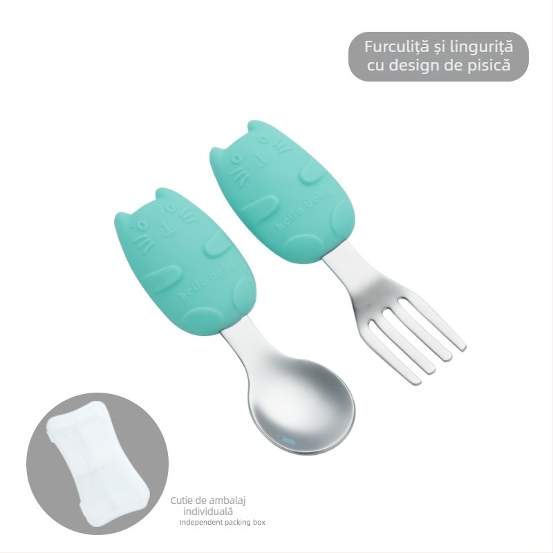 Set tacâmuri pentru copii din oțel inoxidabil 304 cu farfurie din silicon în formă de morcov, trei piese, pentru bebeluși de la 6 luni