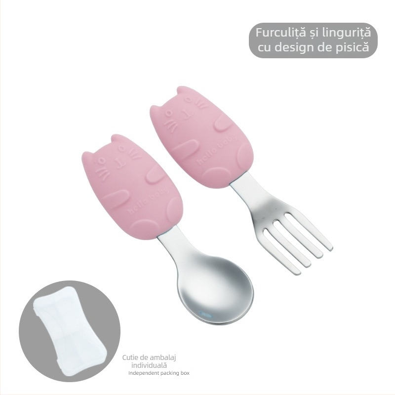 Set tacâmuri pentru copii din oțel inoxidabil 304 cu farfurie din silicon în formă de morcov, trei piese, pentru bebeluși de la 6 luni