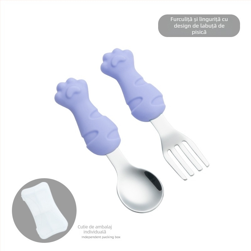Set tacâmuri pentru copii din oțel inoxidabil 304 cu farfurie din silicon în formă de morcov, trei piese, pentru bebeluși de la 6 luni