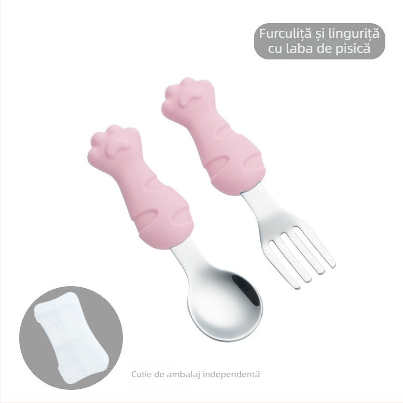 Set tacâmuri pentru copii din oțel inoxidabil 304 cu farfurie din silicon în formă de morcov, trei piese, pentru bebeluși de la 6 luni