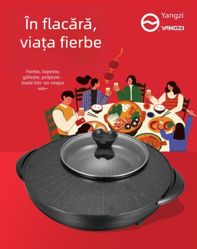 Oală electrică cu grill și vas, 1201–1500 W, capacitate 4–5 L, vas interior din aliaj de aluminiu, funcții: prăjire, sotare, fierbere, înăbușire