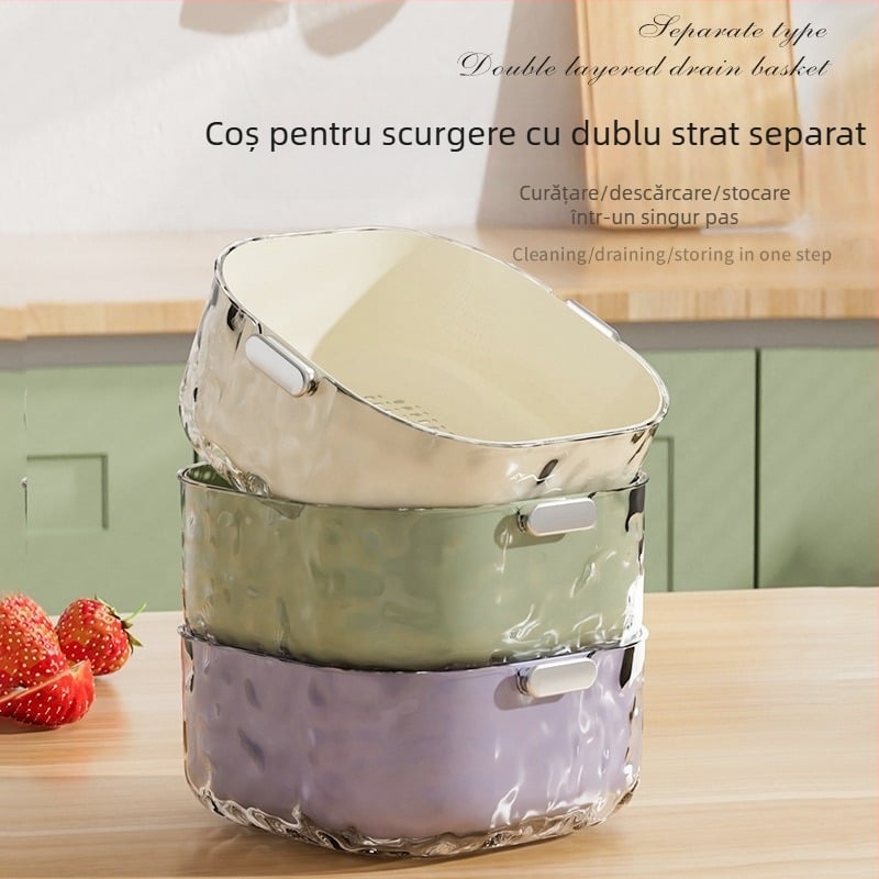 Coș dublu pentru spălat legume cu drenaj — plastic, brand Aoxi, stil modern simplu, lansat în 2024, calitate de primă clasă