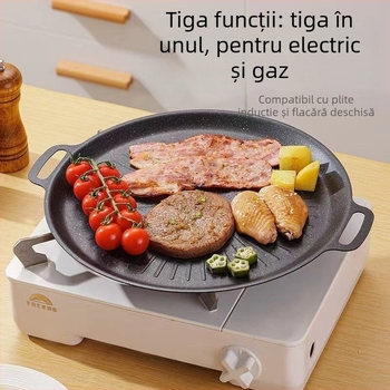 Tigaie grill pentru camping în stil coreean, circulară din aliaj, finisaj prin ștanțare, suprafață antiaderentă, ușor de curățat