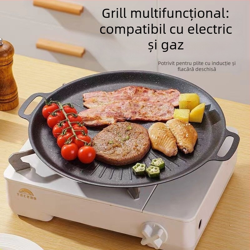 Tigaie grill pentru camping în stil coreean, circulară din aliaj, finisaj prin ștanțare, suprafață antiaderentă, ușor de curățat