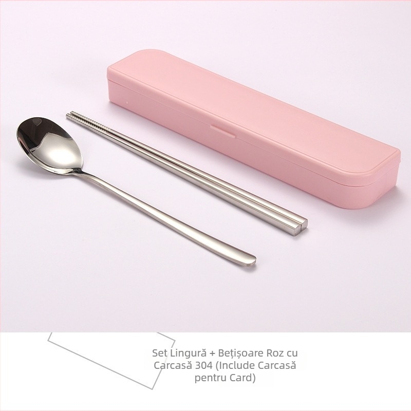 Set portabil din oțel inoxidabil 304, stil coreean, 3 piese: bețișoare, lingură și furculiță — design minimalist modern, ideal pentru călătorii