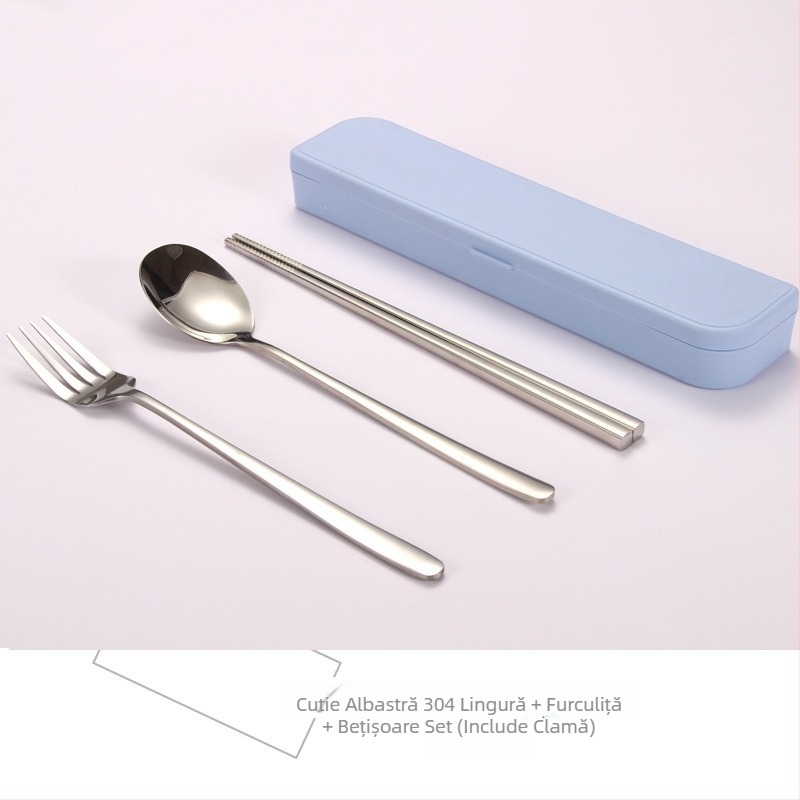 Set portabil din oțel inoxidabil 304, stil coreean, 3 piese: bețișoare, lingură și furculiță — design minimalist modern, ideal pentru călătorii