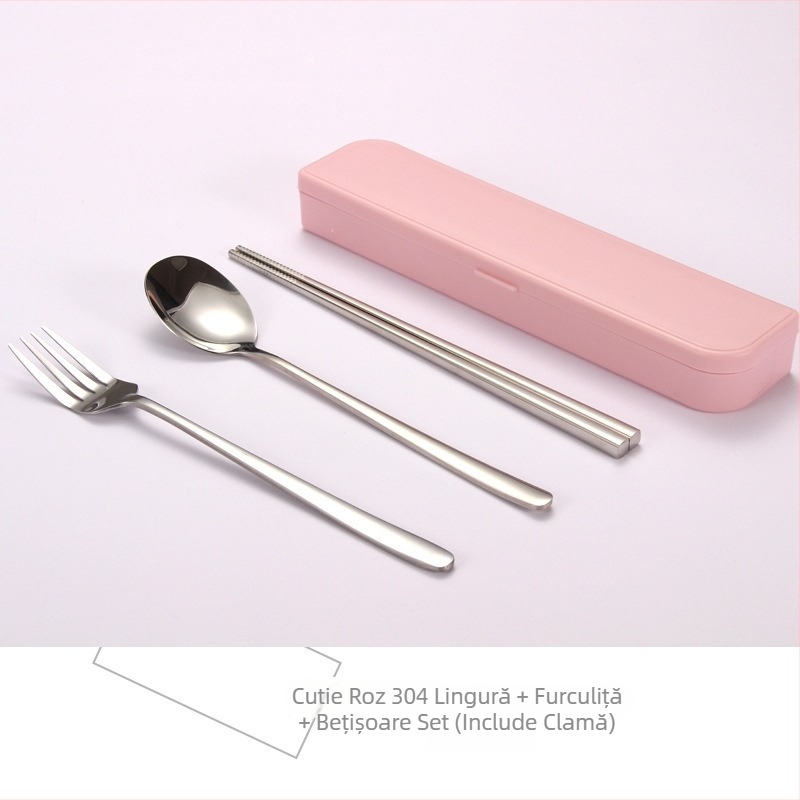 Set portabil din oțel inoxidabil 304, stil coreean, 3 piese: bețișoare, lingură și furculiță — design minimalist modern, ideal pentru călătorii
