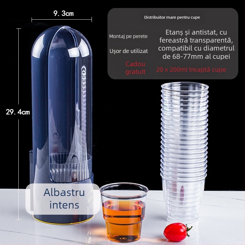 Dispenser pentru pahare montat pe perete, din plastic, fără găuri, protecție împotriva prafului, capacitate 500