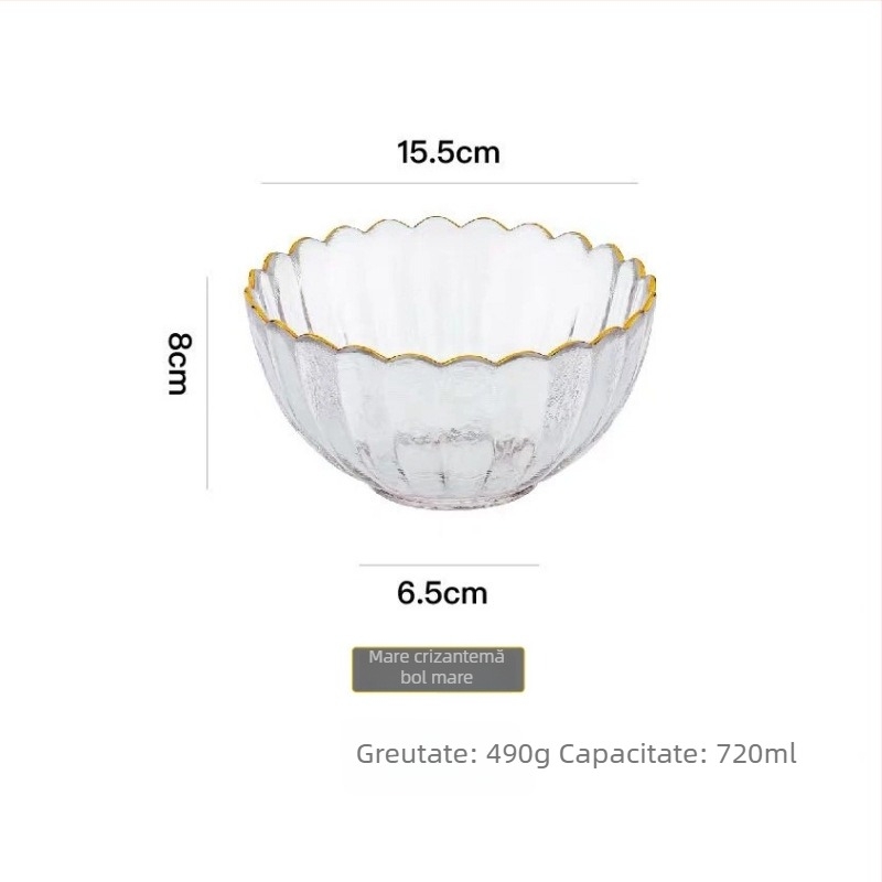 Set din sticlă cu farfurii și boluri, în formă de petale de floare, model dungat, include farfurii pentru fructe și desert, sticlă rezistentă la căldură