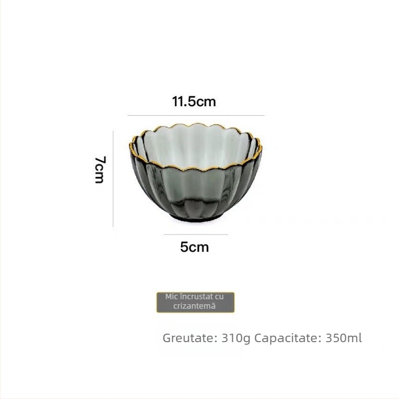 Set din sticlă cu farfurii și boluri, în formă de petale de floare, model dungat, include farfurii pentru fructe și desert, sticlă rezistentă la căldură