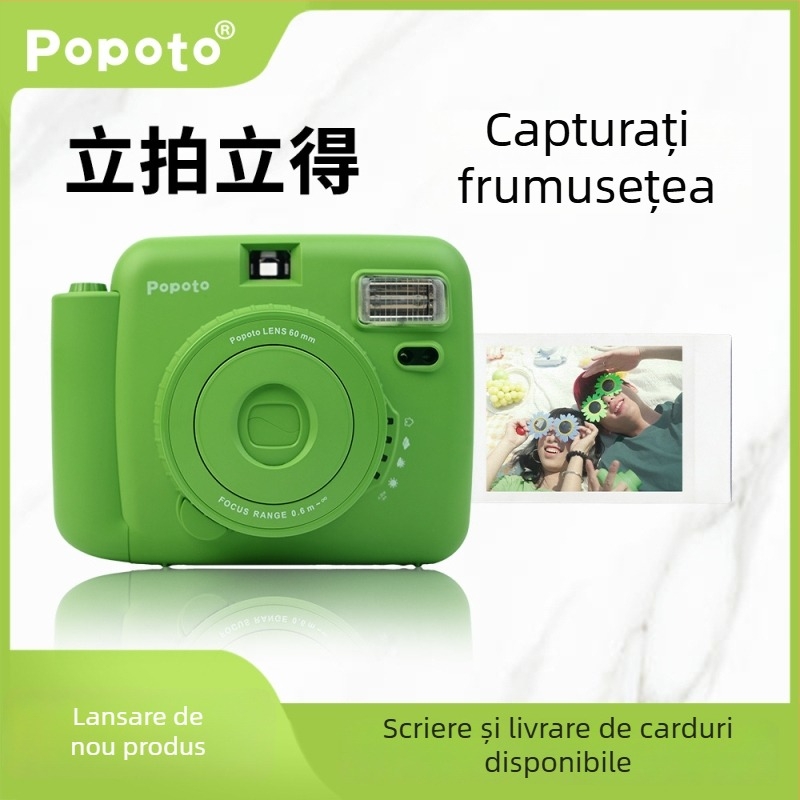 POPOTO MINI imprimantă foto portabilă în stil Polaroid — lansare 2024, corp din PC, autonomie baterie 3 ore, include cutie, manual, 2 baterii și șnur de purtare