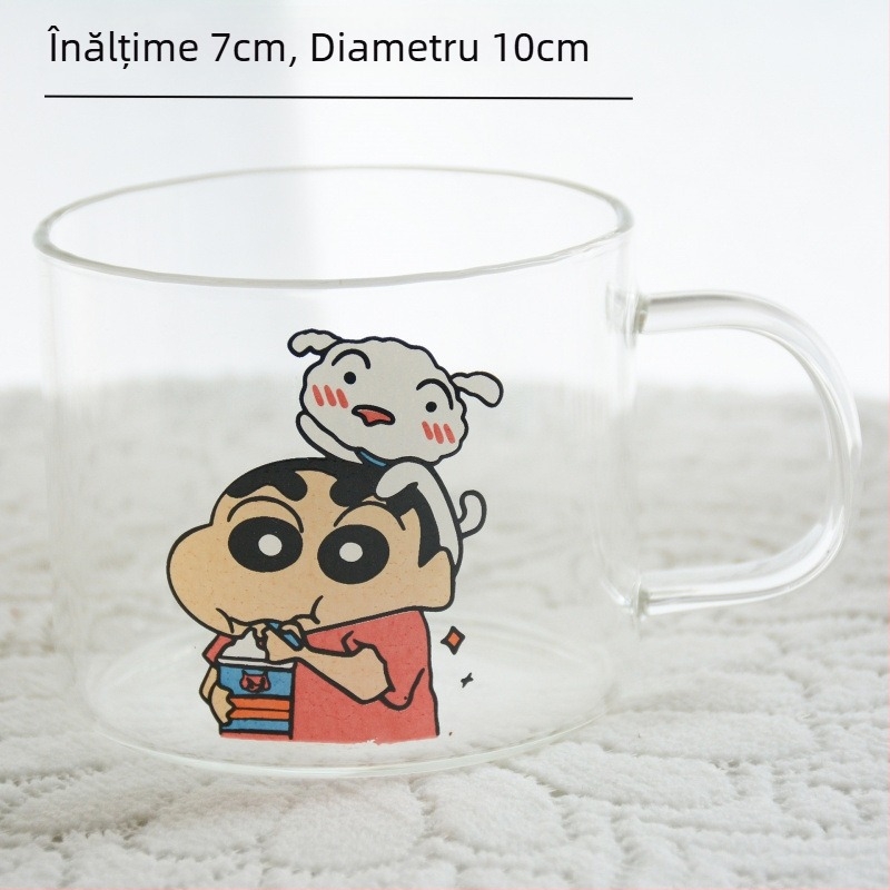 Set pahare și boluri din sticlă borosilicată, model japonez drăguț de desen animat, rezistent la temperaturi, compatibil cu microunde, set de 7 piese, cu mâner