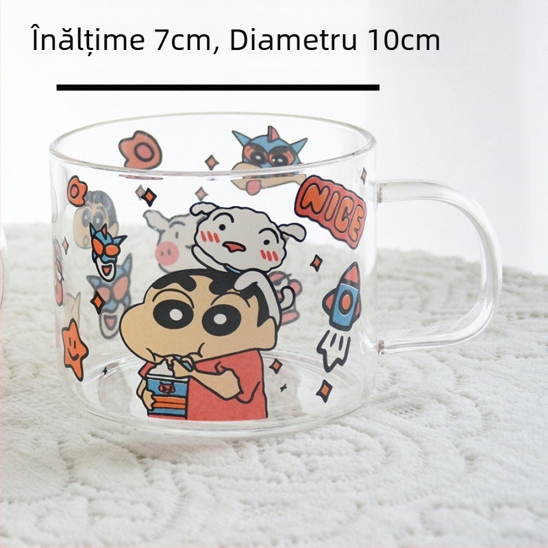 Set pahare și boluri din sticlă borosilicată, model japonez drăguț de desen animat, rezistent la temperaturi, compatibil cu microunde, set de 7 piese, cu mâner