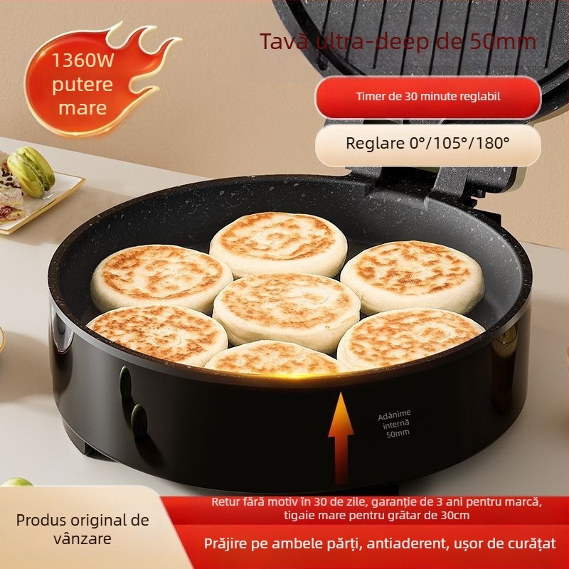 Tigaie electrică pentru clătite crepe pan, încălzire pe o singură parte, adâncime ≥35 mm, putere 1200–1500 W, control prin buton