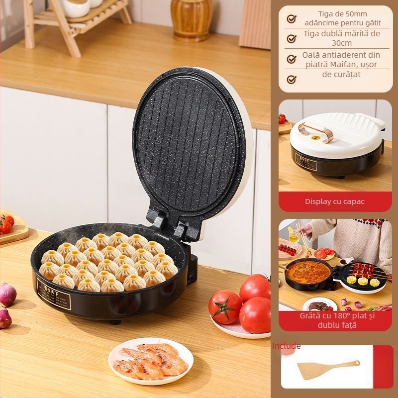 Tigaie electrică pentru clătite crepe pan, încălzire pe o singură parte, adâncime ≥35 mm, putere 1200–1500 W, control prin buton