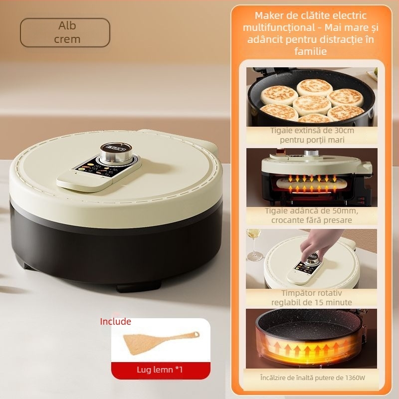 Tigaie electrică pentru clătite crepe pan, încălzire pe o singură parte, adâncime ≥35 mm, putere 1200–1500 W, control prin buton