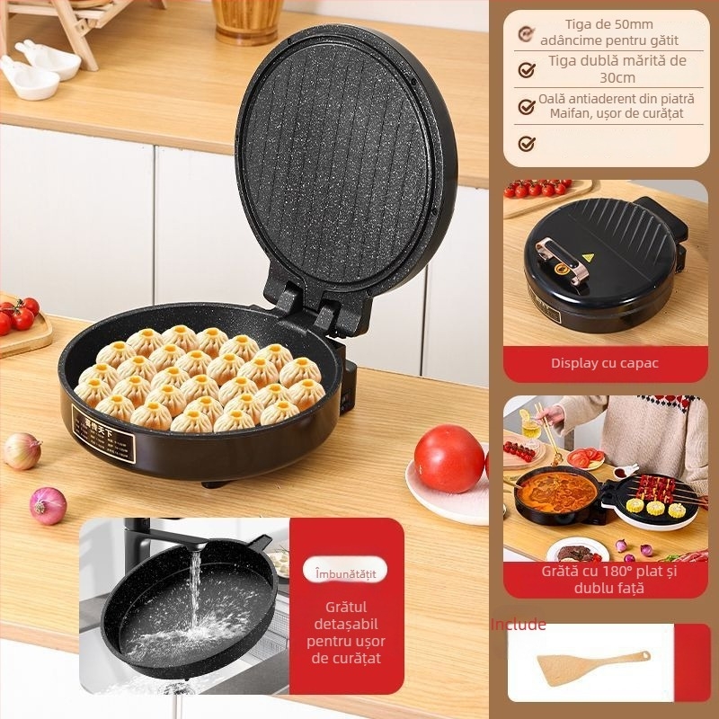 Tigaie electrică pentru clătite crepe pan, încălzire pe o singură parte, adâncime ≥35 mm, putere 1200–1500 W, control prin buton