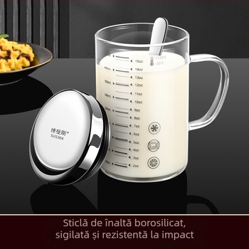 Cupa de măsurat din sticlă borosilicată cu scară, rezistentă la căldură, compatibilă cu microundele, cu capac