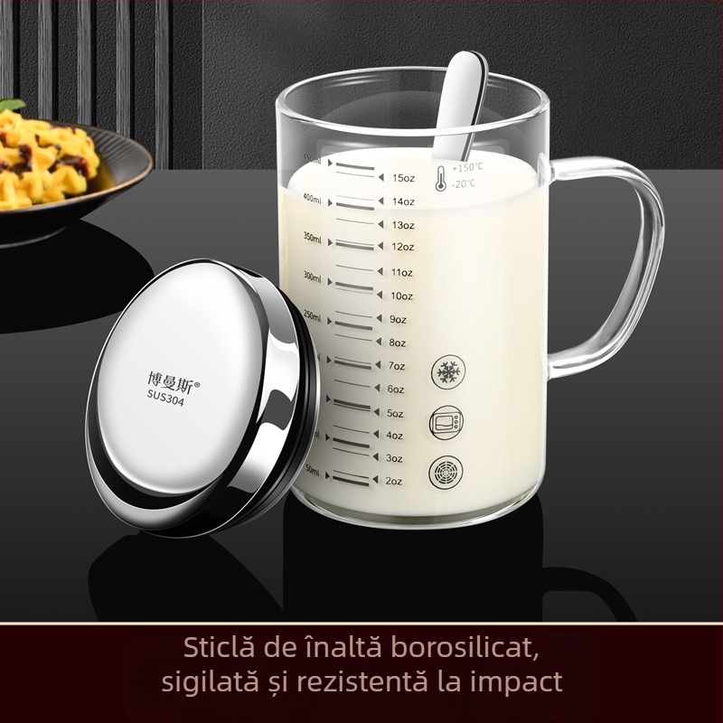 Cupa de măsurat din sticlă borosilicată cu scară, rezistentă la căldură, compatibilă cu microundele, cu capac