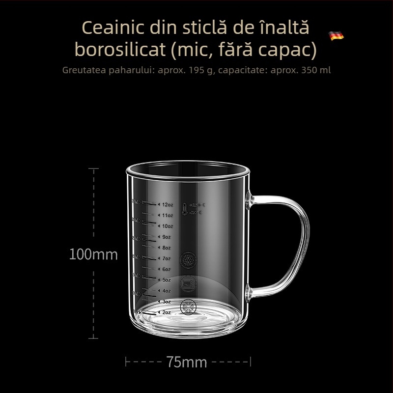 Cupa de măsurat din sticlă borosilicată cu scară, rezistentă la căldură, compatibilă cu microundele, cu capac