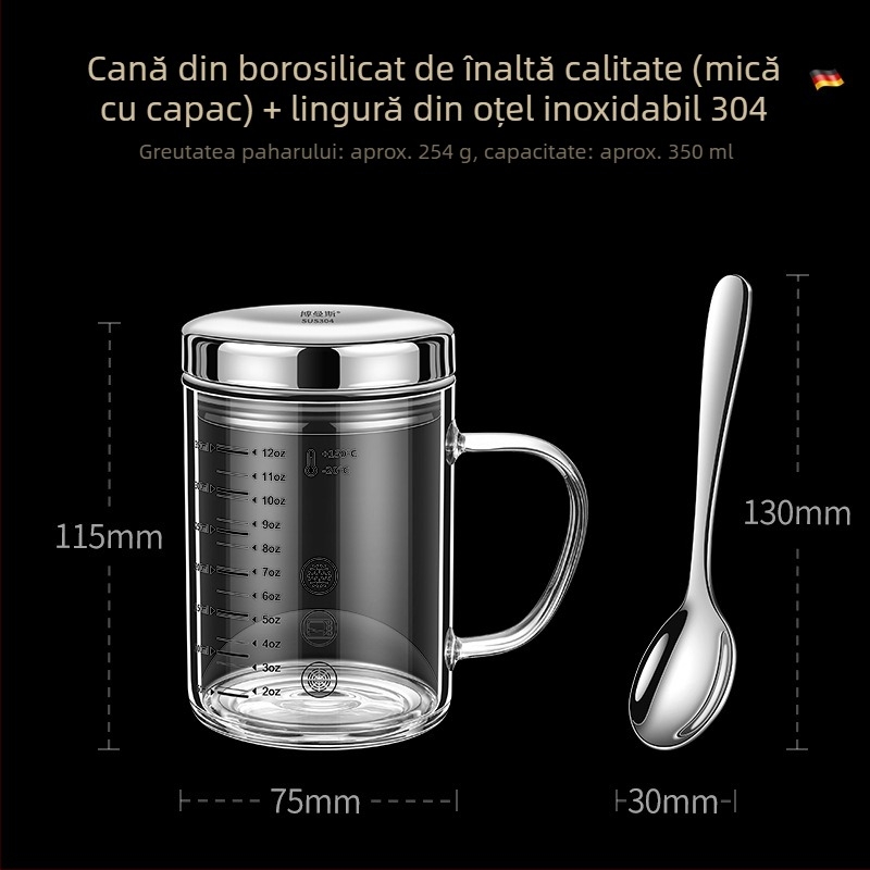 Cupa de măsurat din sticlă borosilicată cu scară, rezistentă la căldură, compatibilă cu microundele, cu capac