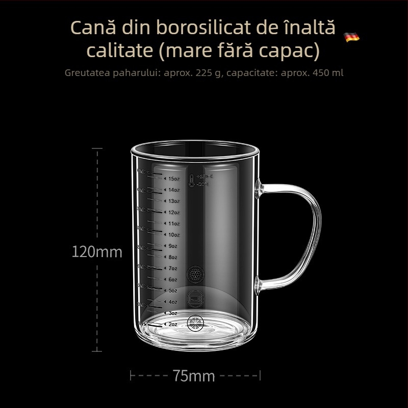 Cupa de măsurat din sticlă borosilicată cu scară, rezistentă la căldură, compatibilă cu microundele, cu capac