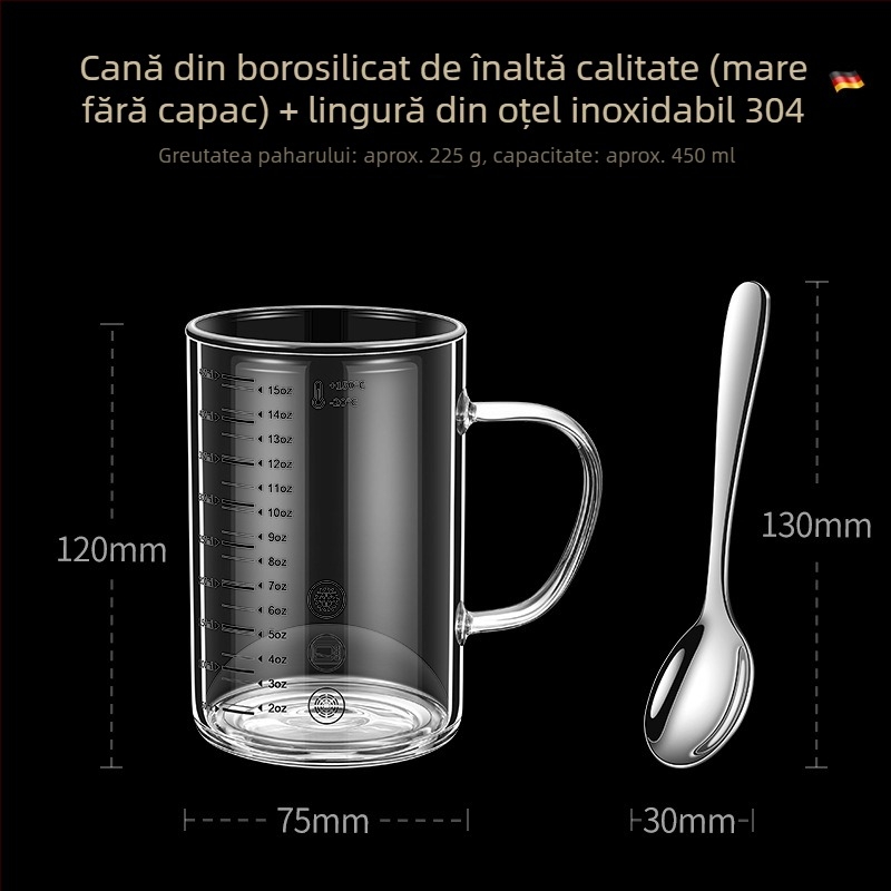 Cupa de măsurat din sticlă borosilicată cu scară, rezistentă la căldură, compatibilă cu microundele, cu capac