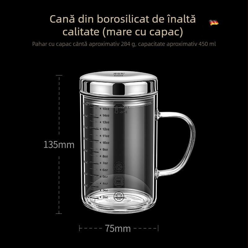Cupa de măsurat din sticlă borosilicată cu scară, rezistentă la căldură, compatibilă cu microundele, cu capac
