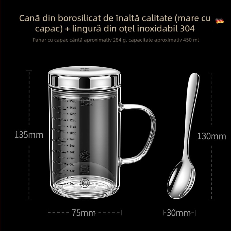 Cupa de măsurat din sticlă borosilicată cu scară, rezistentă la căldură, compatibilă cu microundele, cu capac