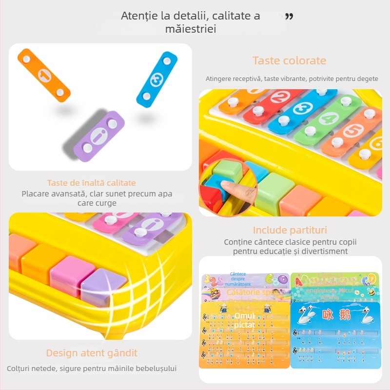 Instrument de percuție manual cu opt tonuri, două în unu – jucărie metalică de pian pentru învățare timpurie (4–6 ani)