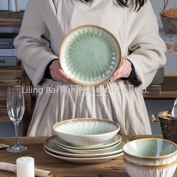 Set de veselă din porțelan cu glazură subglazură – farfurii rotunde cu relief, compatibil cu microunde, fabricat în Li Ling