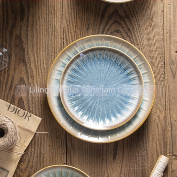 Set de veselă din porțelan cu glazură subglazură – farfurii rotunde cu relief, compatibil cu microunde, fabricat în Li Ling