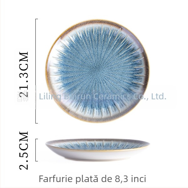 Set de veselă din porțelan cu glazură subglazură – farfurii rotunde cu relief, compatibil cu microunde, fabricat în Li Ling