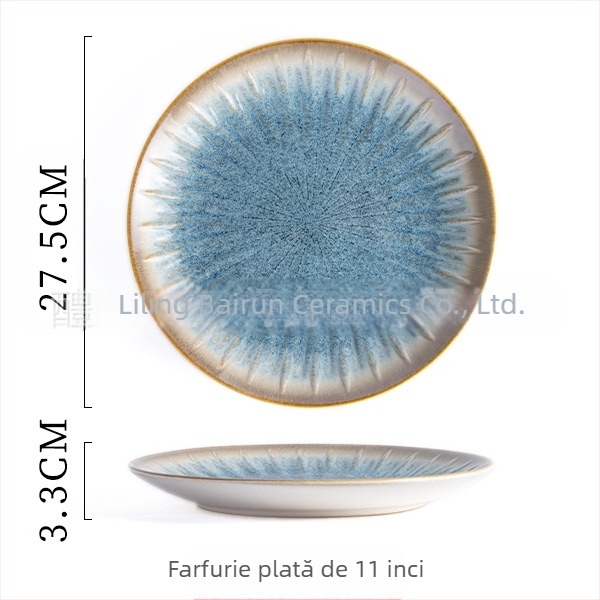 Set de veselă din porțelan cu glazură subglazură – farfurii rotunde cu relief, compatibil cu microunde, fabricat în Li Ling