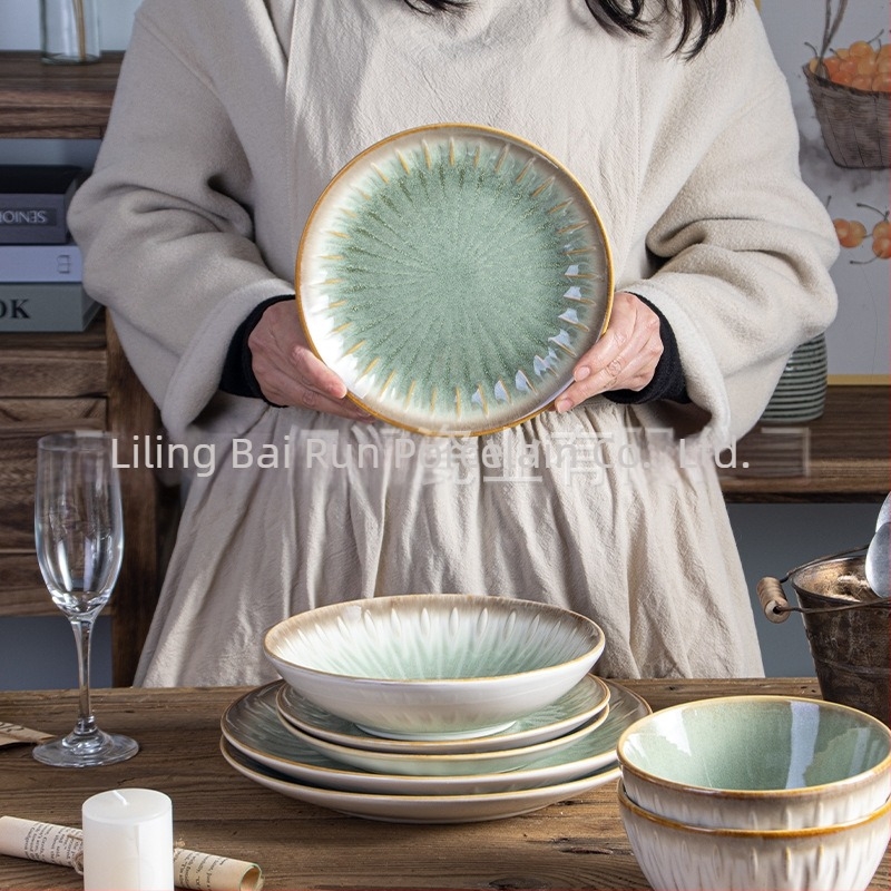 Set de veselă din porțelan cu glazură subglazură – farfurii rotunde cu relief, compatibil cu microunde, fabricat în Li Ling