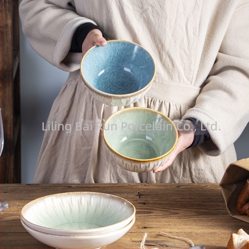 Set de veselă din porțelan cu glazură subglazură – farfurii rotunde cu relief, compatibil cu microunde, fabricat în Li Ling