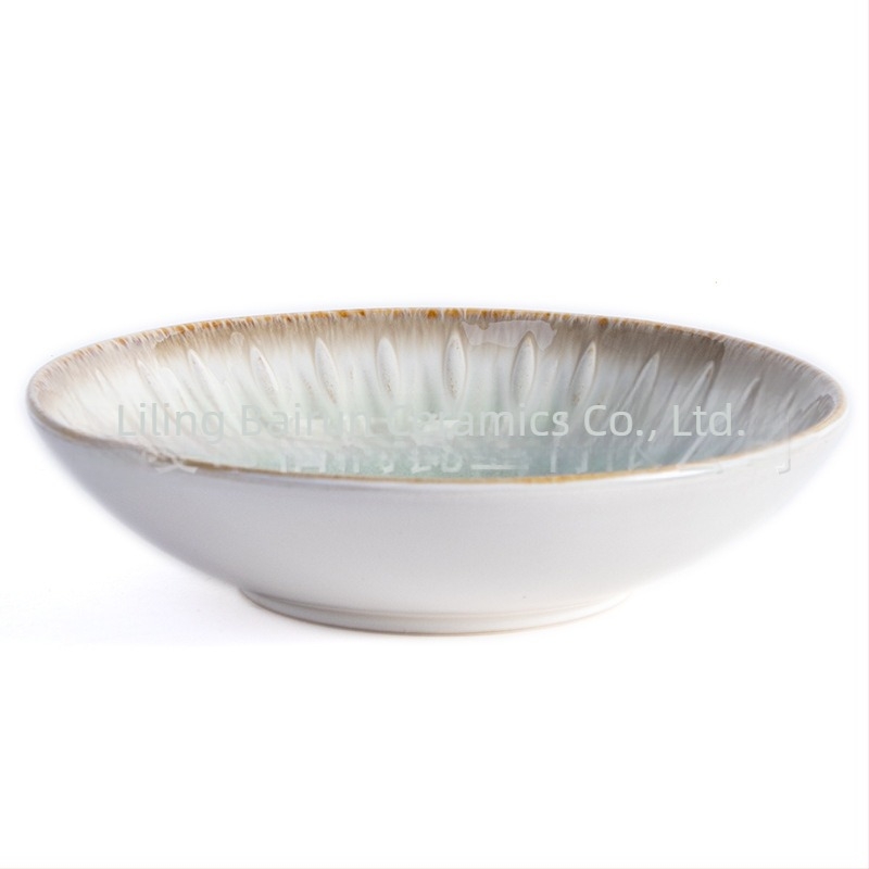 Set de veselă din porțelan cu glazură subglazură – farfurii rotunde cu relief, compatibil cu microunde, fabricat în Li Ling