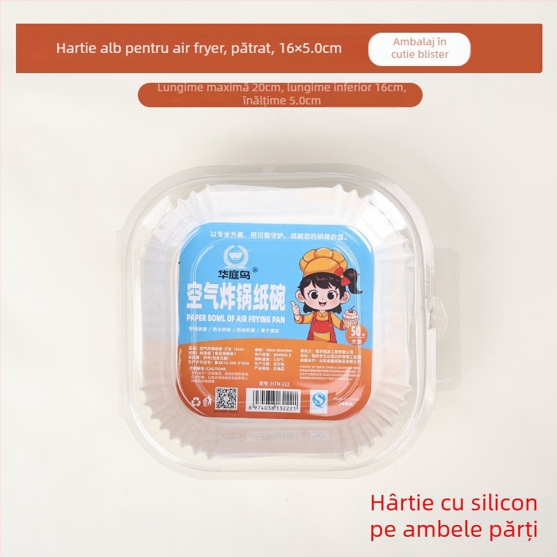 Hârtie pătrată pentru air fryer, hârtie de copt cu acoperire din silicon, 40 g/m², absorbantă de ulei
