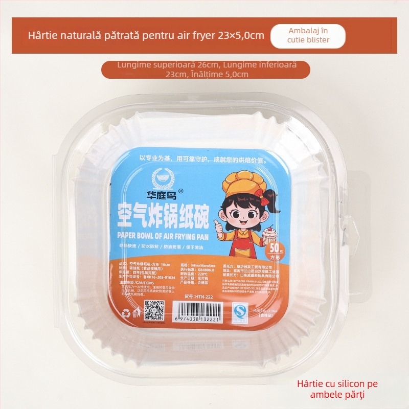 Hârtie pătrată pentru air fryer, hârtie de copt cu acoperire din silicon, 40 g/m², absorbantă de ulei