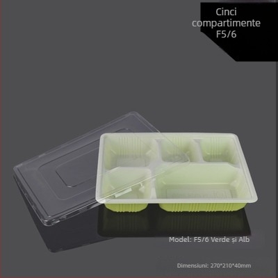 Cutie de masă de unică folosință cu capac, cinci compartimente, plastic, rezistent, compatibil cu microundele, posibilitate de personalizare a producției