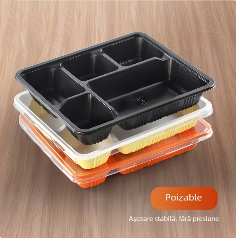 Cutie de masă de unică folosință cu capac, cinci compartimente, plastic, rezistent, compatibil cu microundele, posibilitate de personalizare a producției