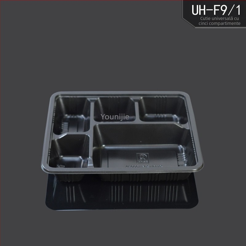 Cutie de masă de unică folosință cu capac, cinci compartimente, plastic, rezistent, compatibil cu microundele, posibilitate de personalizare a producției