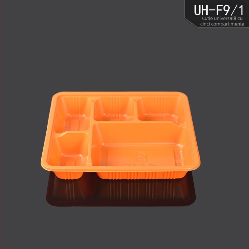 Cutie de masă de unică folosință cu capac, cinci compartimente, plastic, rezistent, compatibil cu microundele, posibilitate de personalizare a producției