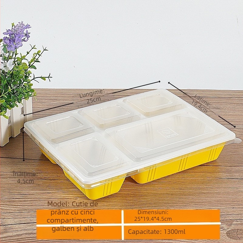 Cutie de masă de unică folosință cu capac, cinci compartimente, plastic, rezistent, compatibil cu microundele, posibilitate de personalizare a producției