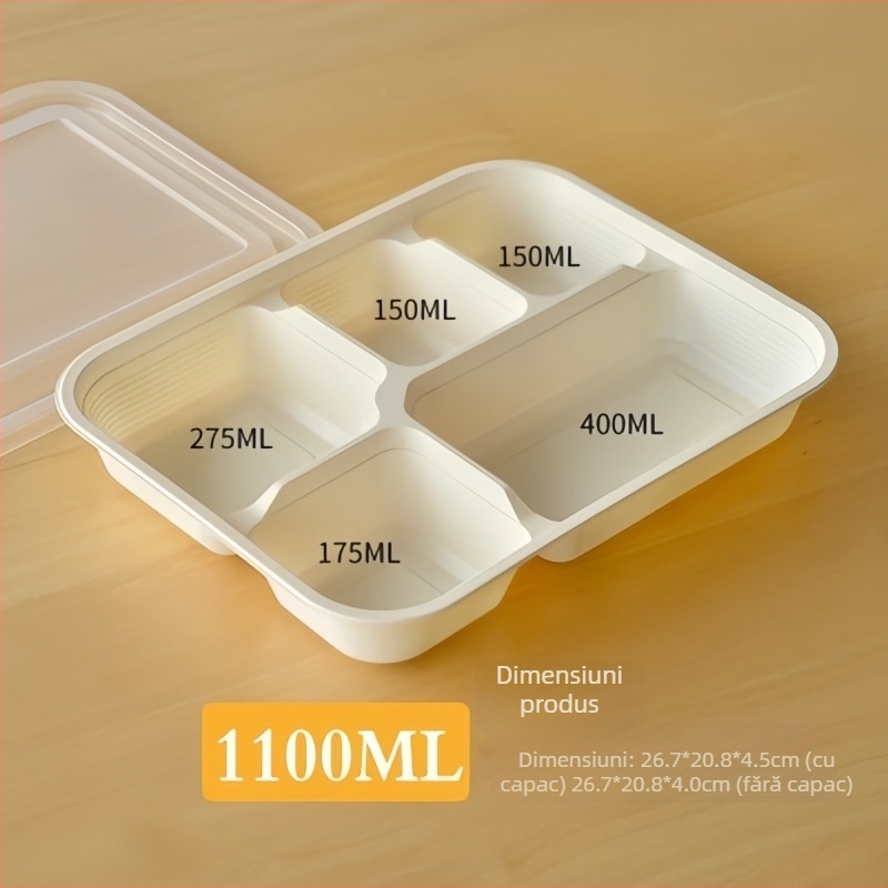 Cutie de masă de unică folosință cu capac, cinci compartimente, plastic, rezistent, compatibil cu microundele, posibilitate de personalizare a producției
